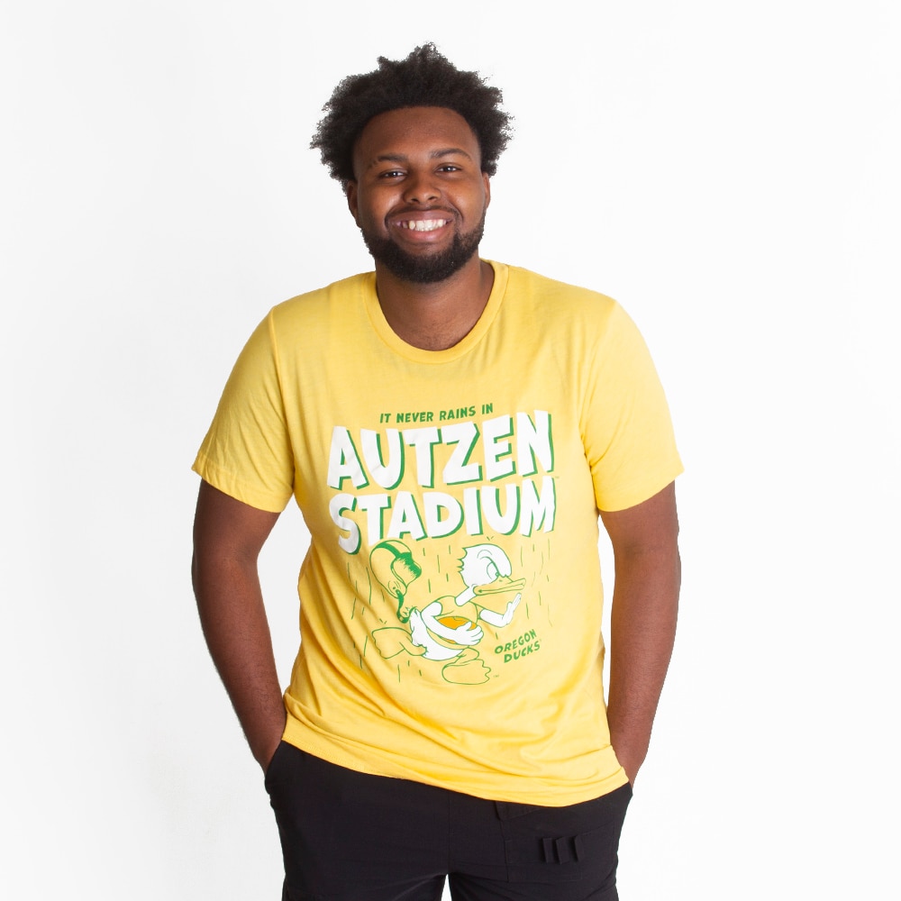 Autzen Stadium, Gold, Crew Neck, Men, Unisex, Football, Homefield, Never Rains in Autzen Stadium, Duck Running with Football, T-Shirt, 751001